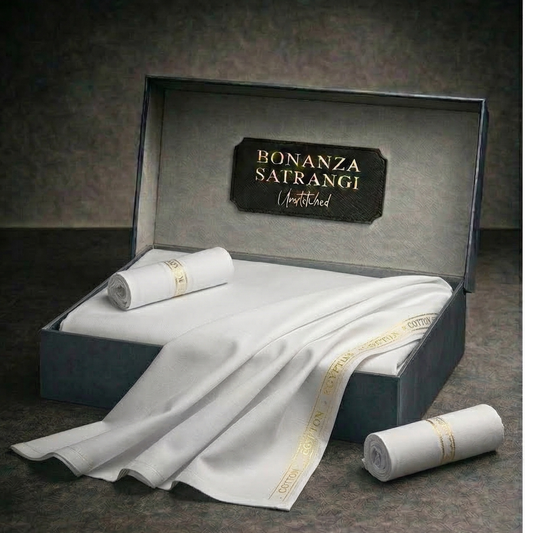 Bonanza Satrangi unstitched men's Cotton Suit | Pure White