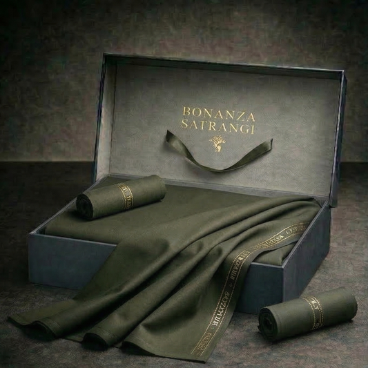 Bonanza Satrangi unstitched men's Cotton Suit | Forest green