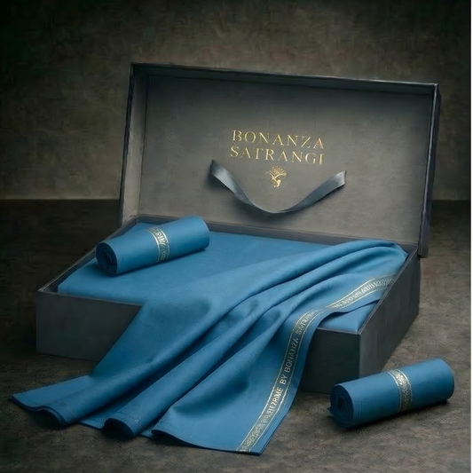 Bonanza Satrangi unstitched men's Cotton Suit |Metallic Blue