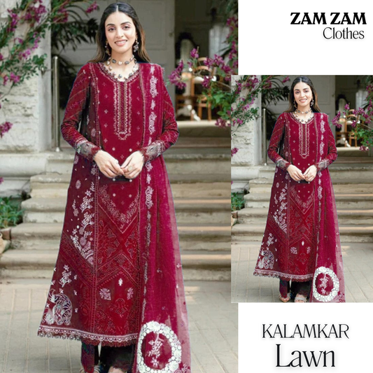 KALAMKAR Unstitch COTTON LAWN Suit With MINAR ORGANZA Dupatta