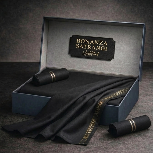 Bonanza Satrangi unstitched men's Cotton Suit |Black