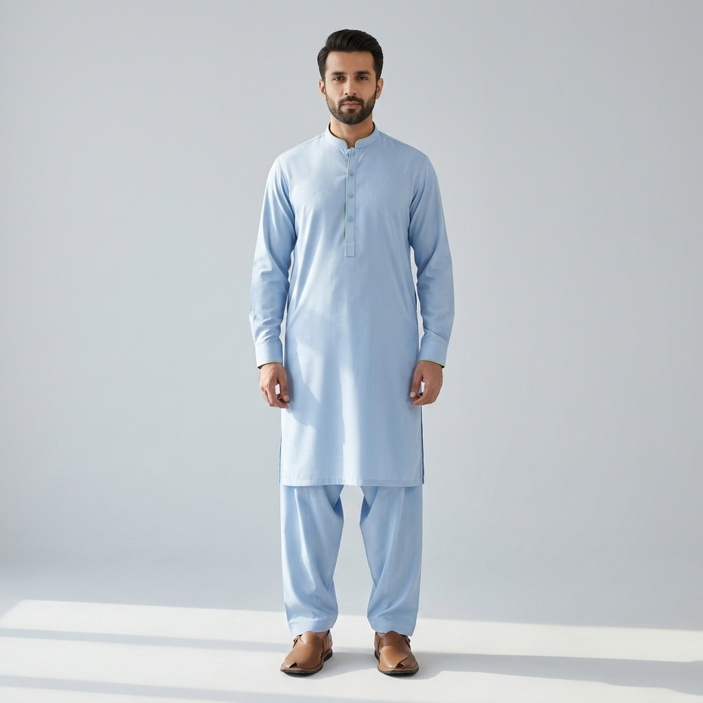 Man wearing shalwar kameez stitched from Gul Ahmed wash and wear Sky Blue fabric