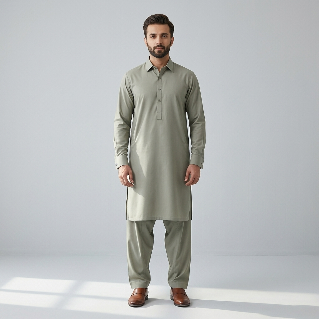 Man wearing shalwar kameez stitched from Khaadi wash and wear Beige fabric