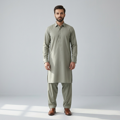 Man wearing shalwar kameez stitched from Khaadi wash and wear Beige fabric