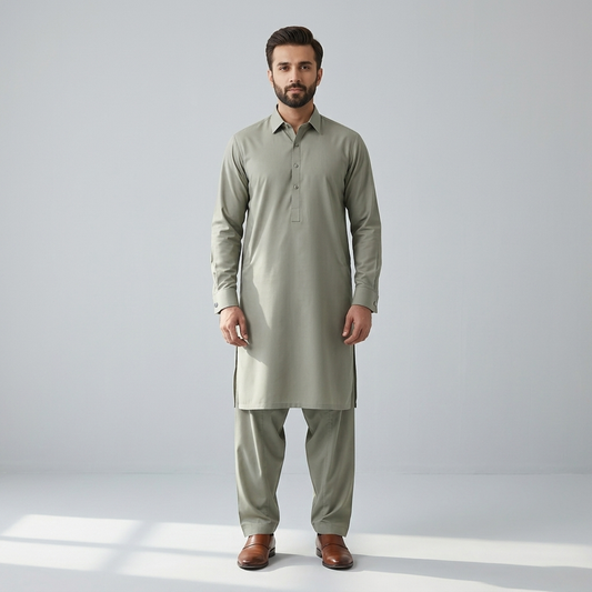 Man wearing shalwar kameez stitched from Khaadi wash and wear Beige fabric