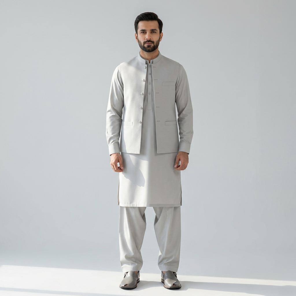 Man wearing shalwar kameez stitched from J. premium wash and wear Ivory Cream fabric