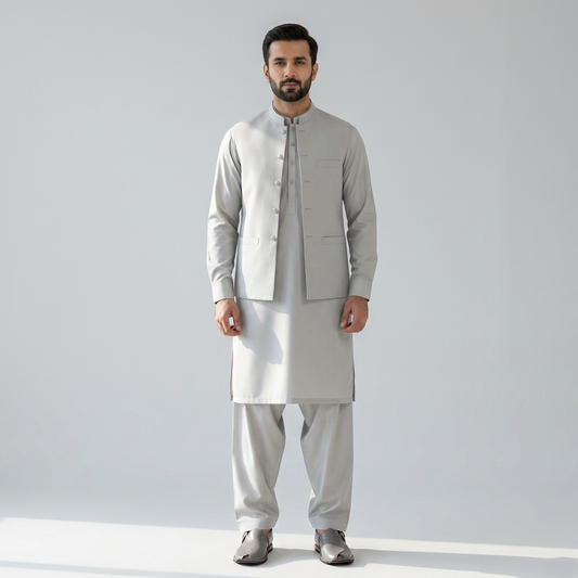 Man wearing shalwar kameez stitched from J. premium wash and wear Ivory Cream fabric